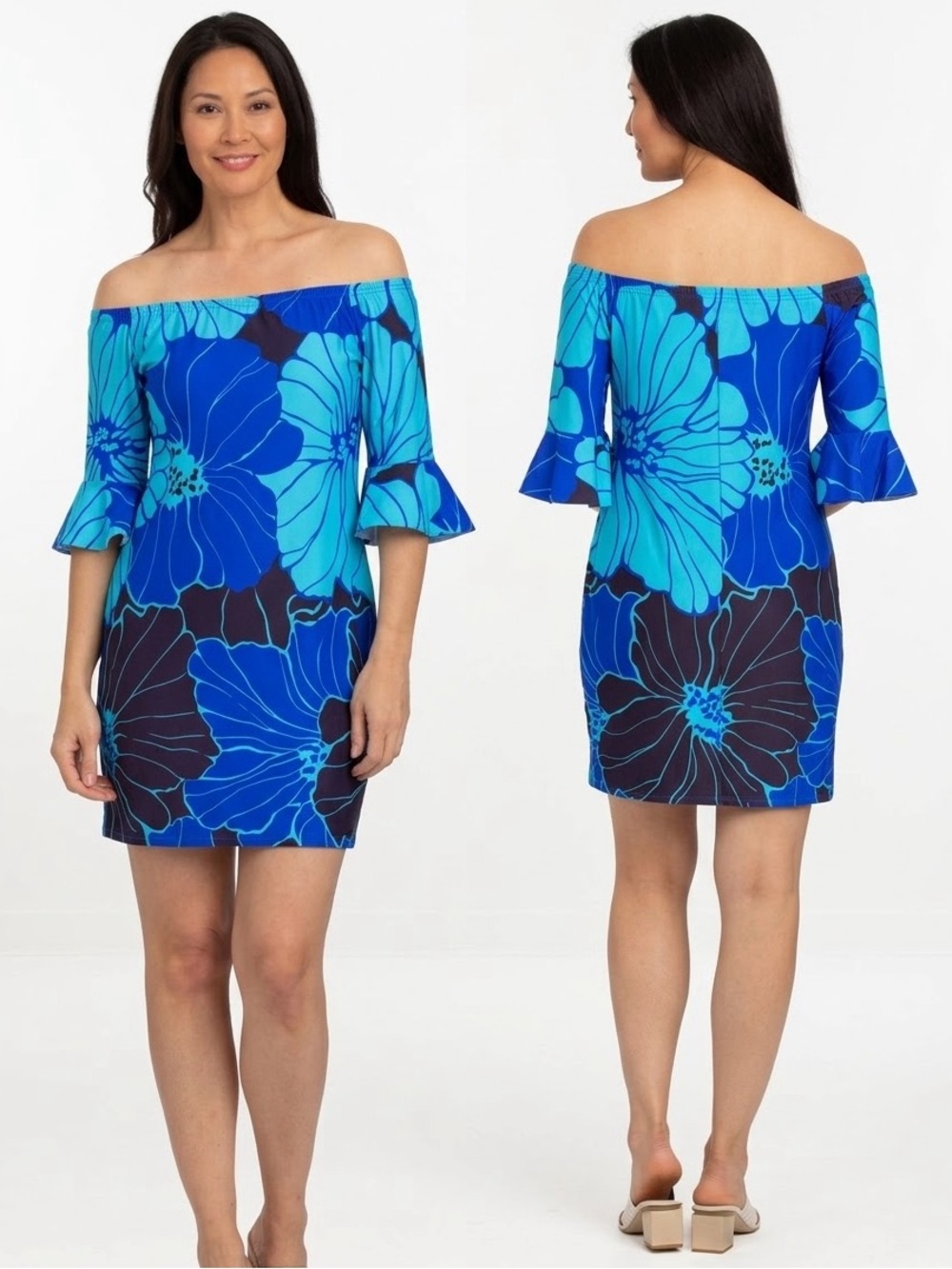 Tara Grinna Swimwear Hibiscus Off Shoulder Dress Ruffle Sleeve Blue Black Small